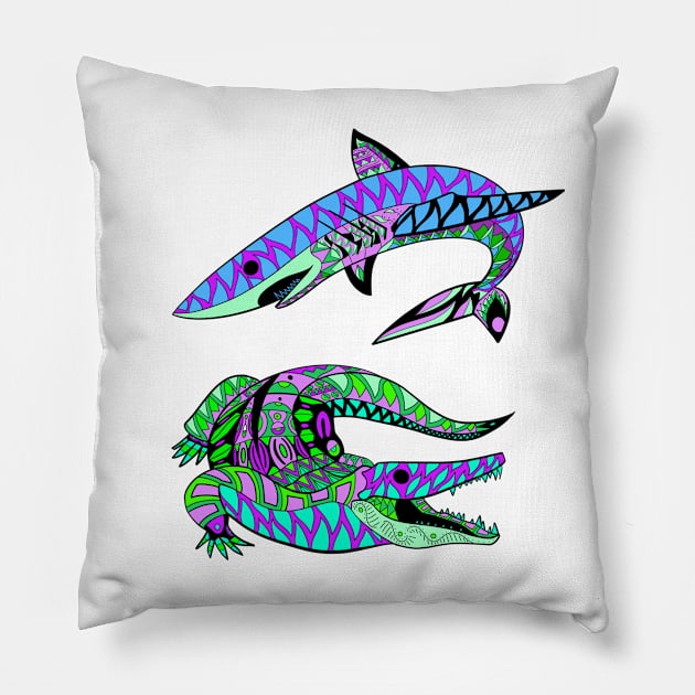 the shark and the reptile in brawl match Pillow by jorge_lebeau