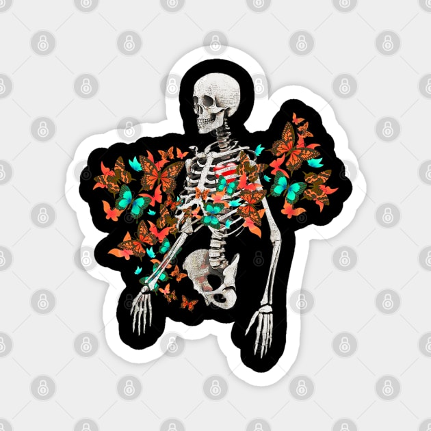 Human skeleton and colorful vibrant butterfles, memento mori, watercolor art, cool, anatomy art Magnet by Collagedream