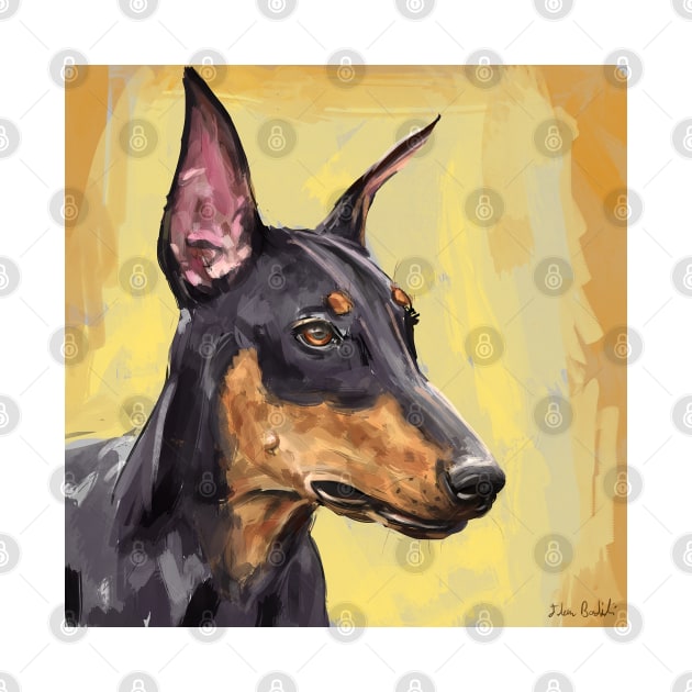 Painting of a Black and Gold Doberman on Orange an Yellow Background by ibadishi
