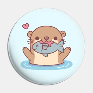 Cute Otter Catching Fish Funny Pin