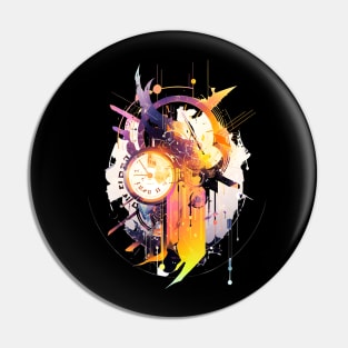 Abstract Clock Art: A Dreamlike Fusion of Reality & Fantasy in a Concert Poster Style Pin