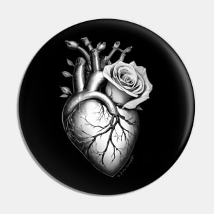 anatomic heart with rose flower power black white Pin
