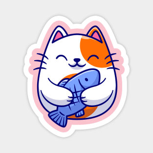 Cute Cat Holding Fish Cartoon Magnet