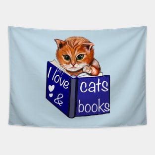 I love cats and books- green eyed Kitten reading a book. White background. For those who love books and reading Tapestry