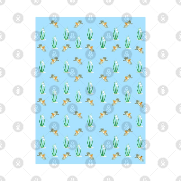 Red Robin Birds and Snowdrop Pattern on light Blue Background by Julia Doria Illustration