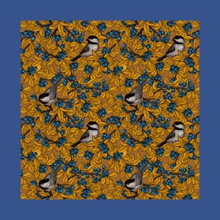 Chickadee birds on blueberry branches in yellow and mustard T-Shirt