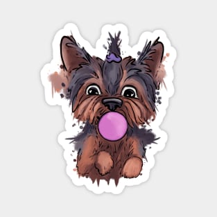 Cute, yorkie - puppy with bubble gum Magnet