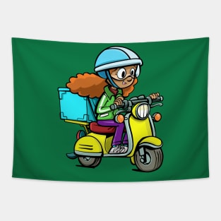 girl from a courier service on a motorcycle delivers a package Tapestry