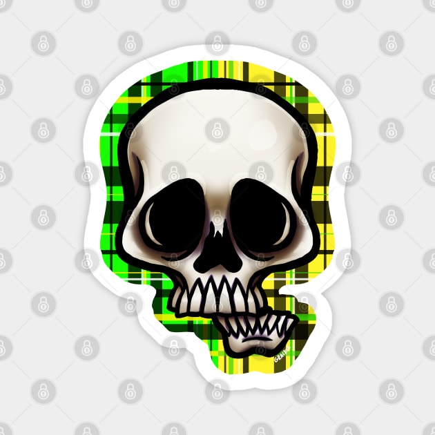 Yellow and Green Split Plaid Skull Magnet by Jan Grackle