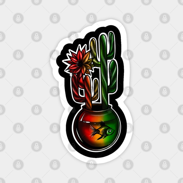 Reggae Cactus with aquarium and Fish Colored Art Magnet by Print Art Station