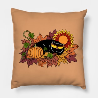 Fall Cat with Autumn Leaves, Sunflower and Pumpkin Pillow