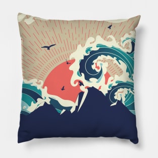 Big sea waves and island at sunset Pillow