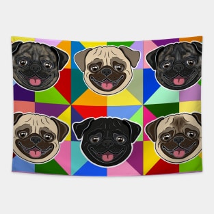 Six Pugs on Rainbow Pinwheels Tapestry