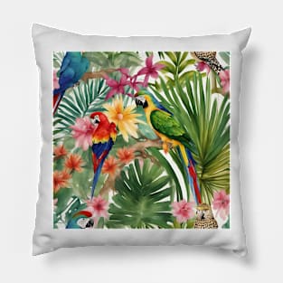 Macaw parrots in tropical forest acrylic painting Pillow