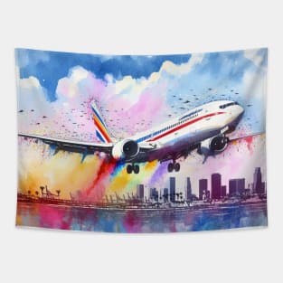 Fantasy illustration of a jet taking off from an airport Tapestry