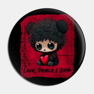 Cute Teddy Bear Love, Peace and Goth Pin