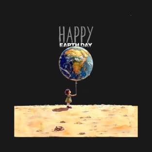 Earth Day: A Little Girl Holding an Earth Balloon, "Happy Earth Day" On a Dark Background T-Shirt