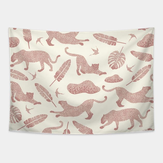 Blush Safari / Wild Cats, Monstera and Birds Tapestry by matise