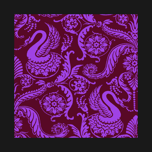 Bright Purple on Raspberry Classy Medieval Damask Swans by JamieWetzel