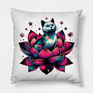 Colorful Abstract Cosmic Cat in Lotus Flower Pillow