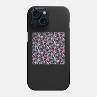 AFP22-02-ai Daisy field with leaves and polka dots oranges and blues on navy-blue -02 Phone Case