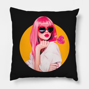 Pin up sexy woman illustration lollipop sunglases big lips Pillow