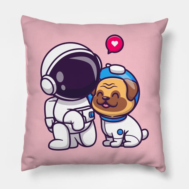 Cute Astronaut With Pug Dog Cartoon Pillow by Catalyst Labs