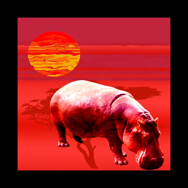 Africa Hippo Sunrise Desert Red Gift T-Shirt by gdimido