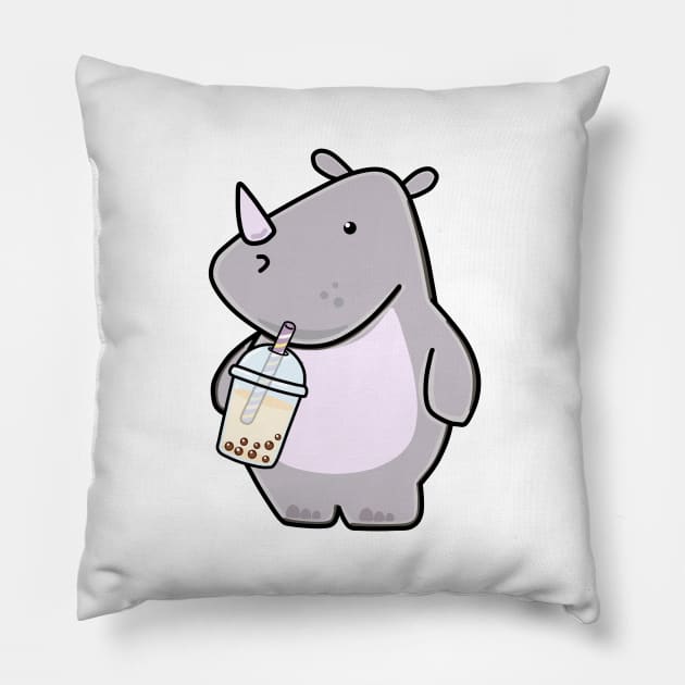 Cute Rhino Loves Boba Tea! Pillow by SirBobalot