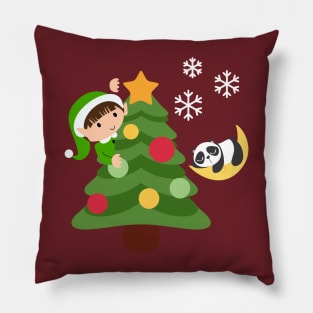 Elf Putting a Star on the Christmas Tree Pillow