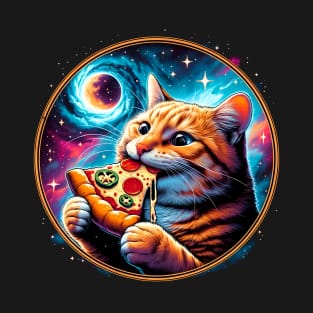 Funny Orange Cat eating Pizza in Space T-Shirt