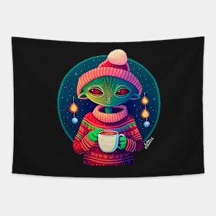 Christmas Funny Alien Drinking Coffee Wearing Sweater Tapestry