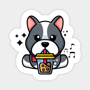 Cute bulldog drinking boba milk tea cartoon Magnet