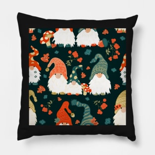 Autumn Gnomes with Long White Beards and Knitted Hats on Forest Green Background Pillow