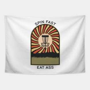 Spin Fast Eat Ass | Disc Golf Vintage Retro Arch Mountains Tapestry