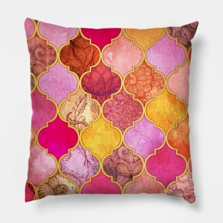 Hot Pink, Gold, Tangerine & Taupe Decorative Moroccan Tile Pattern Pillow