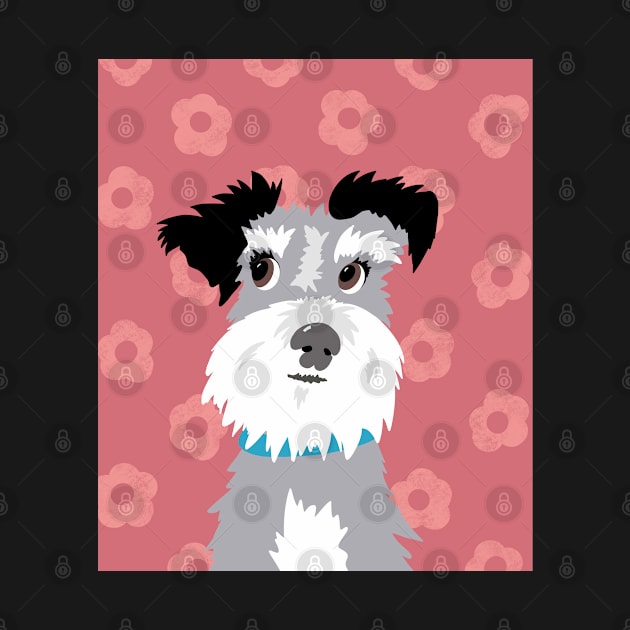 Salt and Pepper Miniature Schnauzer on Pink Daisy Background by NattyDesigns