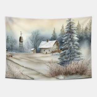 Chritsmas Snow Winter Watercolor Landscapes series 4 Tapestry