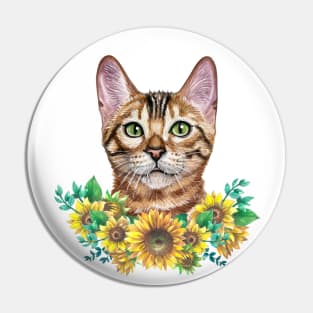 Cute Tabby Cat with Sunflowers Watercolor Art Pin