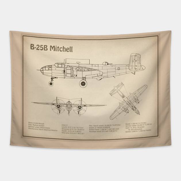 B-25B Mitchell Doolittle - Airplane Blueprint - SD Tapestry by SPJE Illustration Photography