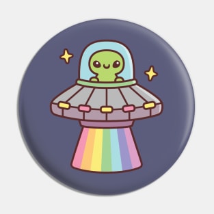 Cute Alien In UFO Spaceship With Rainbow Ray Pin