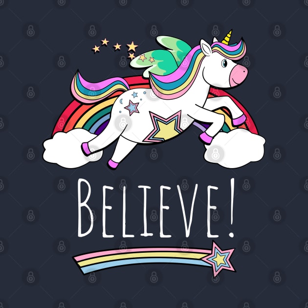 Flying Unicorn And Rainbow Inspirational Believe by brodyquixote