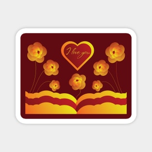 Golden flowers on a red background and a heart with the words "I love you". St. Valentine's Day Magnet