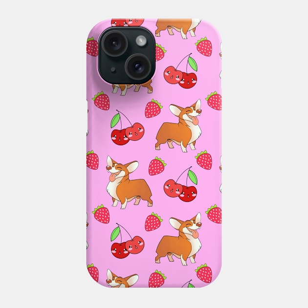 Cute happy playful funny puppy corgi dogs, red sweet summer strawberries and cherries fruity pink pattern design. Phone Case by BlaiseDesign