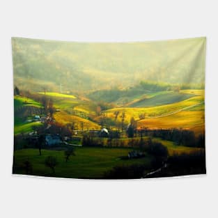 View from top on a hilly landscape with forests in the background Tapestry