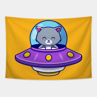 Cute Cat Driving Spaceship Ufo Tapestry