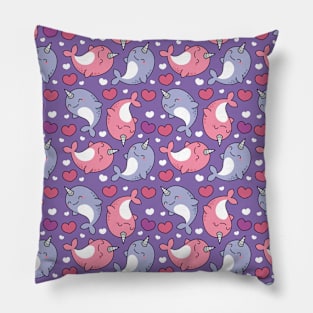 Cute Narwhal Pattern - Pink and Purple Hearts Pillow