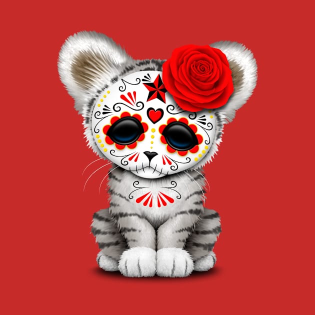 Red Day of the Dead Sugar Skull White Tiger Cub by jeffbartels