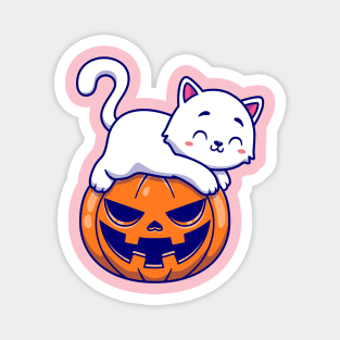 Cute Cat Laying On Pumpkin Halloween Cartoon Magnet