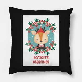 Season’s Greetings, Merry Christmas, greetingcard with a cute little deer in the snow Pillow